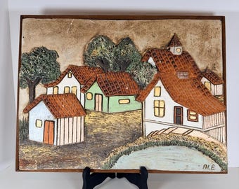 Vintage terracotta Village Scene Wall Art Plaque Signed ALE Textured MCM