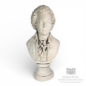 May include: A cream-colored bust of a man with curly hair and a ruffled cravat. The bust is mounted on a pedestal and features the name "Y. MOZART" at the base. The bust is a decorative piece for the home.