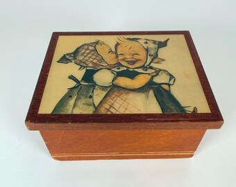 Vintage Wooden Music Box with Hummel Illustration Hinged Lid little girls