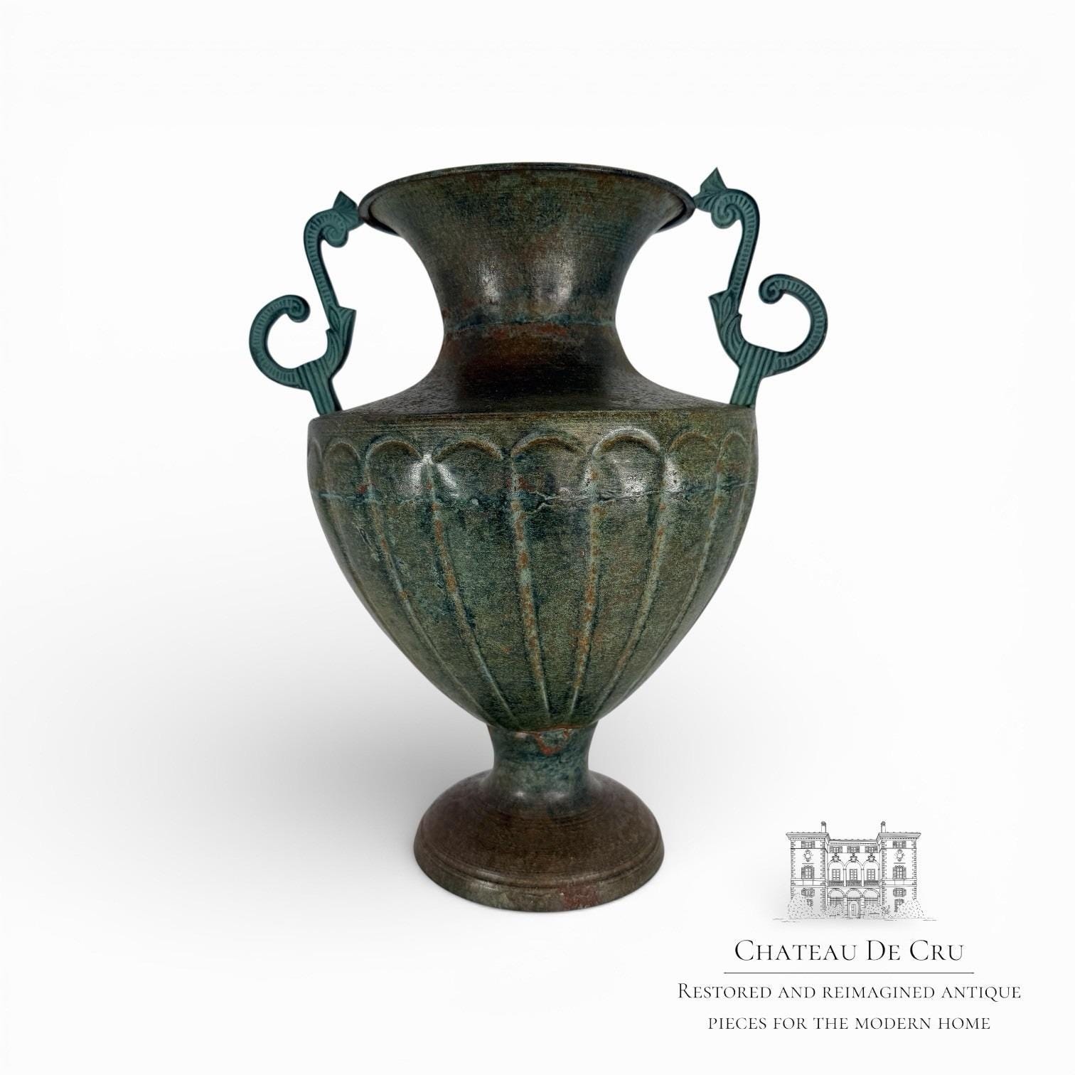 Bronze Tone Metal Urn Jardiniere Vase Handles Pedestal VTG Neoclassical Style