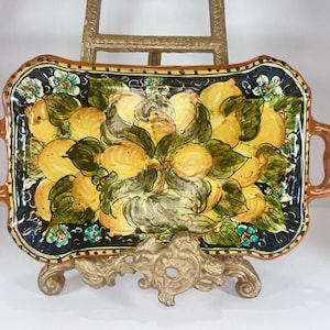 Vintage Italian Hand Painted Ceramic Tray With Handles. Lemon Theme Decor