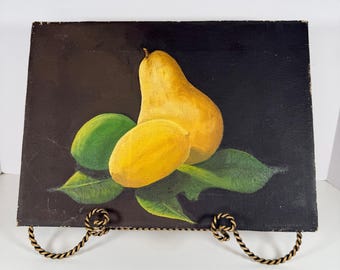 Moody Still Life Oil Painting of pear lemon and lime on a black background VTG