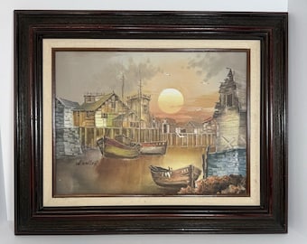 Coastal fishing town oil painting of sunset signed W. Zeller 22"X18" Framed