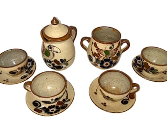 Vintage Tonala Pottery Tea Set: Hand-Painted Bird & Floral Folk Art