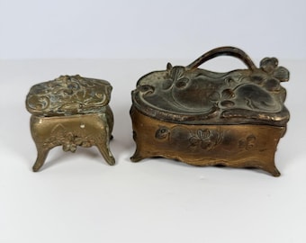 2 Antique Victorian Jewelry Trinket Box Art Nouveau Casket Gold Gilt Floral Rose