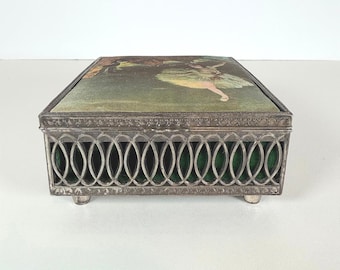 Trinket Box with Ballerina Ornate Silver Tone w/ Hinged Lid jewel tone green