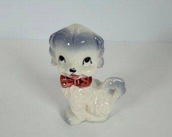 Vintage Kitsch Ceramic Dog Figurine, Red Bow, Made in Japan