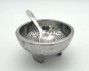VTG Pewter Footed Bowl And Spoon/Sugar/Salt/salsa/guacamole Molcajete Salt Celar