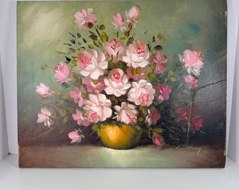 Vintage floral still life painting on canvas, oil and acrylic.