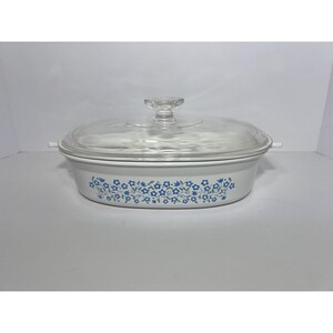 May include: An oval, white casserole dish with a clear glass lid. The dish features a blue floral pattern around the rim. The lid has a clear, knob-style handle. The dish is designed for baking and serving.