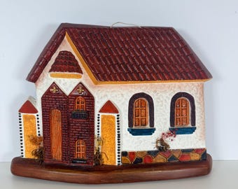 Hand Painted Ceramic House Wall Plaque Rustic Farmhouse Decor Vintage Style