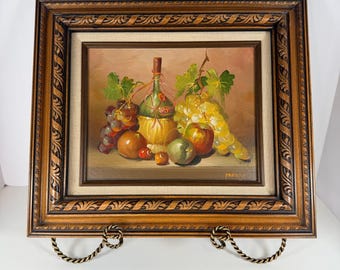 Gold ornate frame still life oil painting fruit & wine cottage core wall art