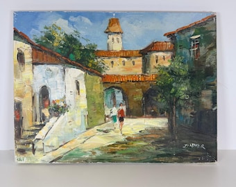 Vintage Oil Painting European Street Scene Signed Landscape Art