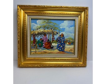 Framed Oil Painting Desert Scene Village People Traditional Art Wall Decor