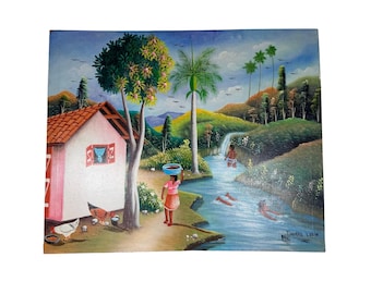 Haitian Folk Art Painting Tropical Scene River Village Chicken, VTG Damas Lubin