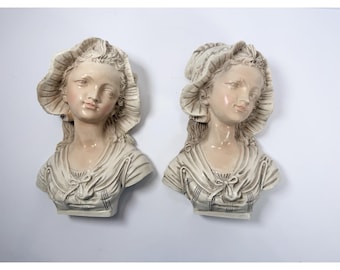 French Country Girls With Bonnet Plaster Bust Wall Plaques. Vintage 8.5"x5.5"