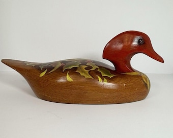 VTG Wooden Duck Decoy Red Headed. Handpainted Holly And Bow.  6”x 16” Aprox.
