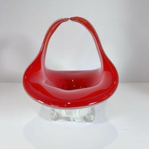 Vintage Murano Style Italian Hand Blown Glass Basket Red And White. MCM