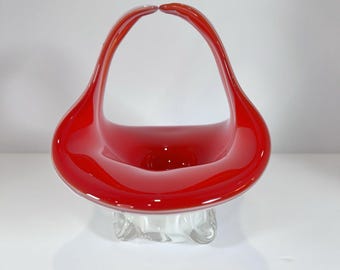 Vintage Murano Style Italian Hand Blown Glass Basket Red And White. MCM