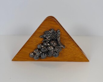 Vintage Wooden Napkin Holder with Pewter Grape Cluster Accent Kitchen Decor