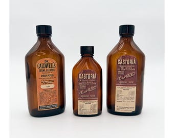 Set di 3 flaconi vintage in vetro ambrato Fletchers Castoria del lassativo Dr. Caldwells alla senna.
