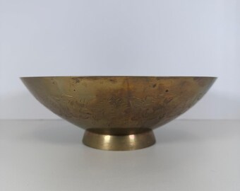Brass Footed trinket / fruit Bowl with Etched Floral Design VTG bohemian decor