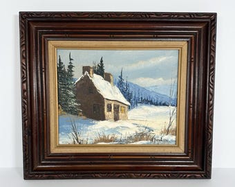 Winter Cottage Landscape Scene Oil Painting In Wood Frame MCM VTG Cozy Cottage