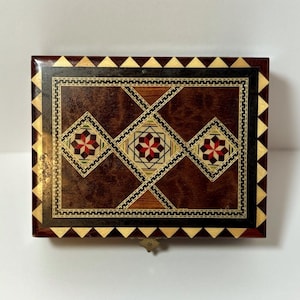 Trinket Box Wooden Inlay Marquetry Box Made In Spain 7 Lined With Red Velvet