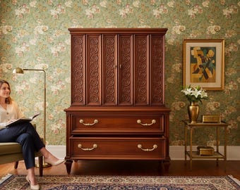 Vintage Gentleman’s Chest with Carved Doors Armoire Dresser with Sliding Shelves Traditional European Style