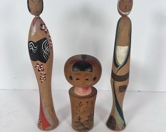 Kokeshi dolls vintage Set von 3 kleinen japanischen Holzpuppen