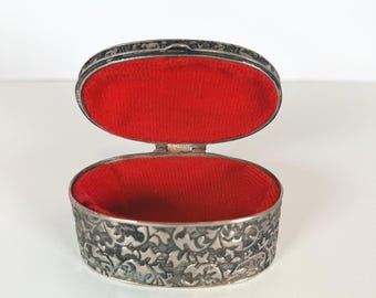 Antique Trinket Jewelry Box Ornate Silver Tone Oval Floral Design with Patina
