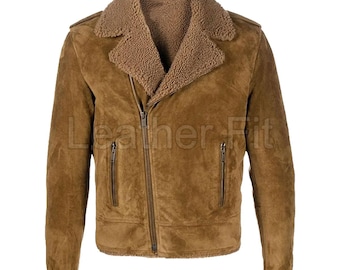 Women’s Shearling Suede Biker Jacket | Handmade Goat Suede Winter Coat | Tan Leather Jacket with Fleece Lining | Zip-Up Outerwear for Her