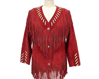 Vintage Red Suede Fringe Jacket, Bone Bead Western Coat