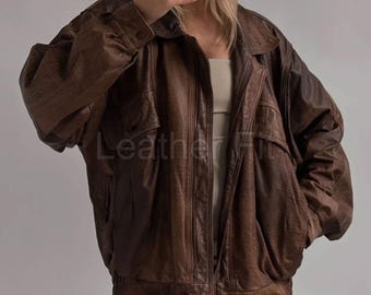 Distressed Brown Leather Oversized Jacket: Vintage Bomber Style