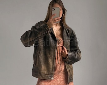 Vintage Distressed Brown Leather Jacket: Women's Oversized Retro Coat