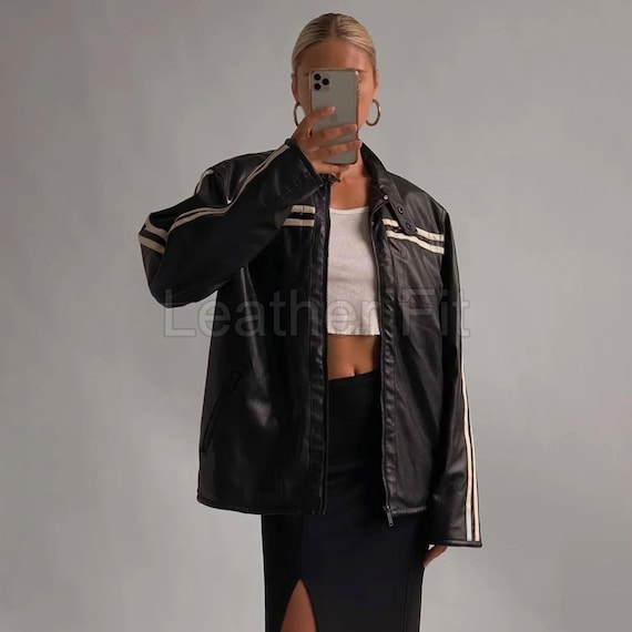 Women's Black Leather Jacket With White Racing Stripes, Real