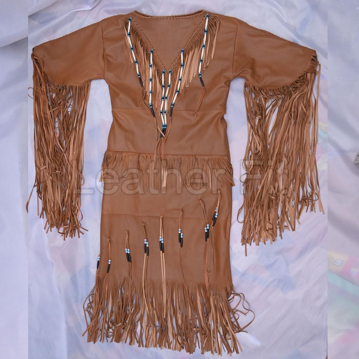 Native American Leather Wedding Dress Handmade Beaded Powwow Regalia Dress, Brown Maxi Dress with Long Fringe, Tribal Boho Western Style