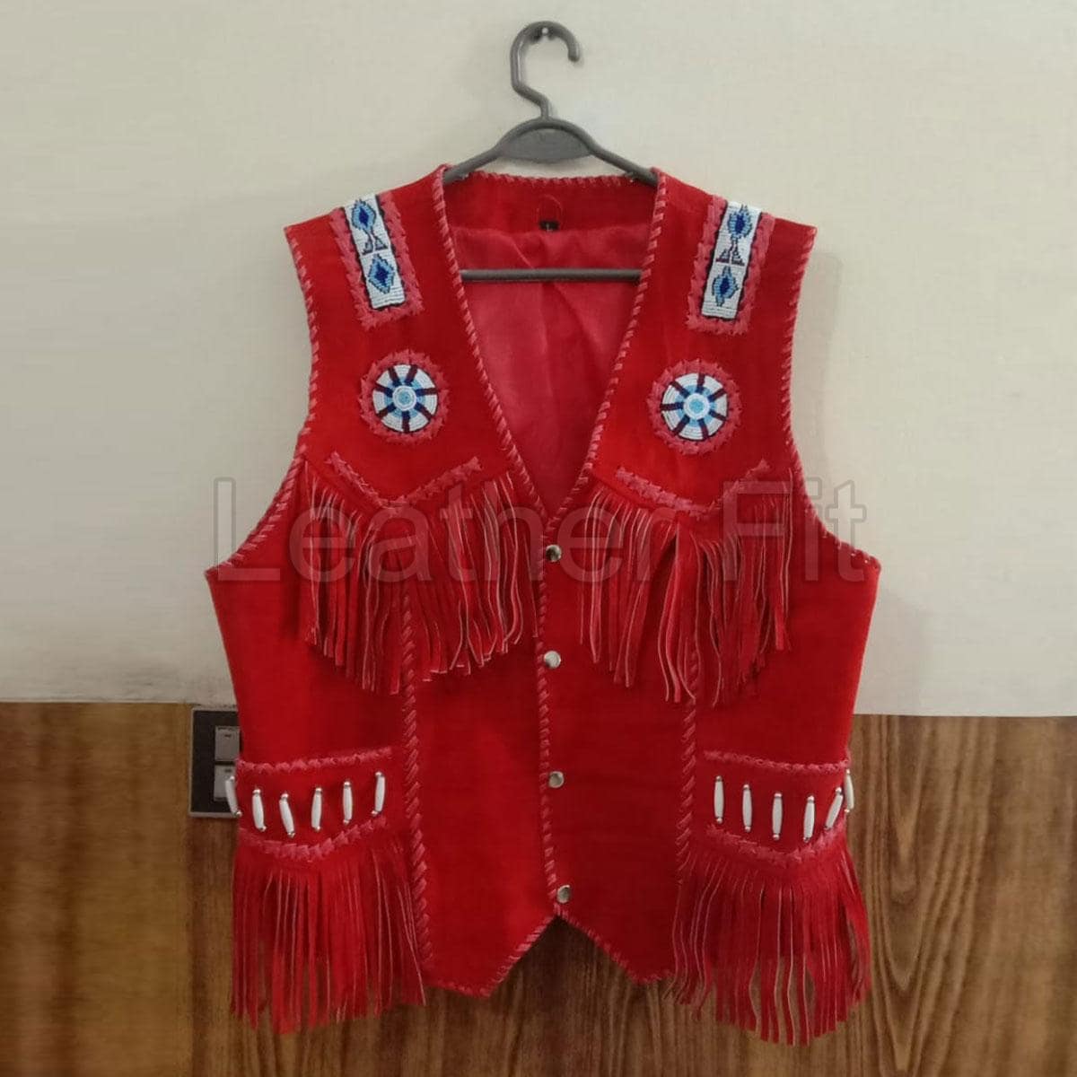 Handmade Red Suede Leather Vest: Native American Style Beaded