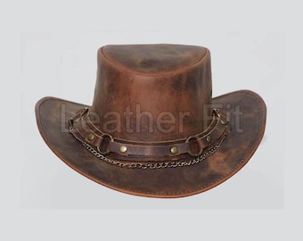 Distressed Brown Leather Cowboy Hat: Wide Brim Outback Style