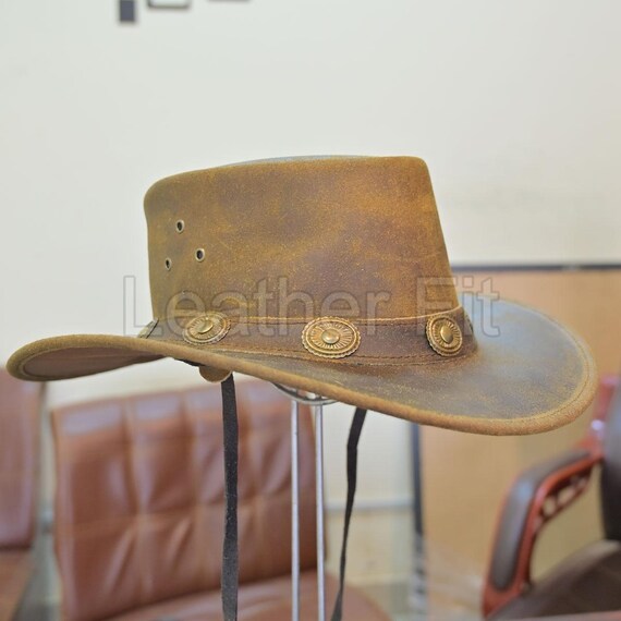 Brown Leather Cowboy Hat, Unisex Australian Outback Style - Etsy