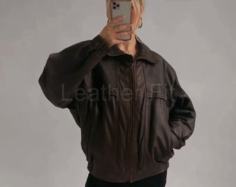 Vintage Brown Leather Bomber Jacket: 90s Oversized Zip-Up Coat