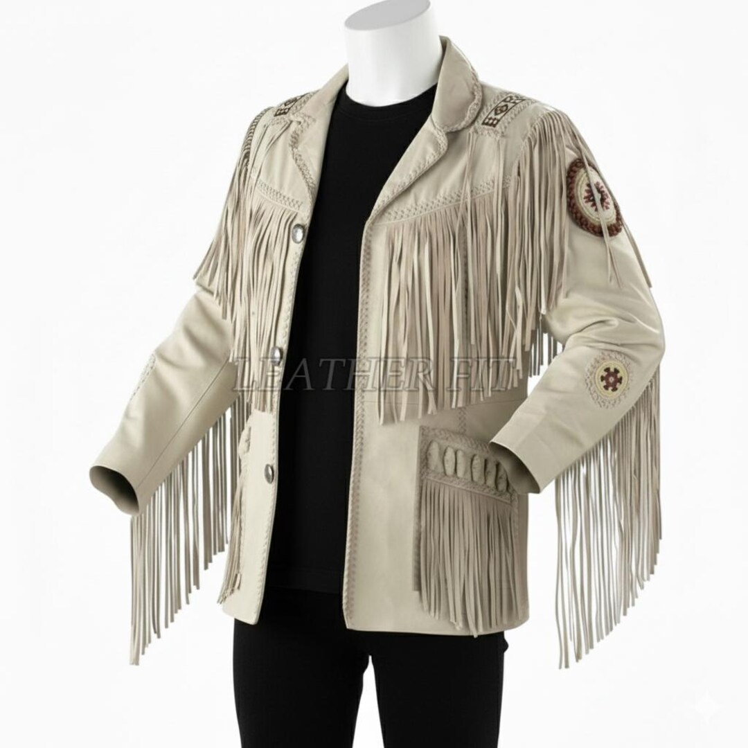 Men's Suede Fringe Western Jacket: Bone Inlays, Embroidered Detail