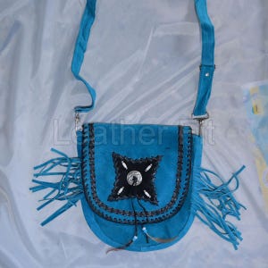 Women’s Blue Suede Fringe Shoulder Bag – Western Crossbody Purse with Beads, Concho & Leather Stitching Tassel Bag, Gift for Her