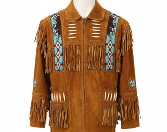 Handmade Suede Leather Fringe Jacket: Beaded Western Cowboy Coat