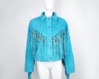 Handmade Sky Blue Suede Fringe Jacket | Beaded Western Coat
