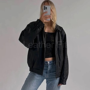 Vintage Brown Leather Bomber Jacket: Oversized Retro Streetwear