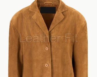 Women’s Tan Suede Blazer Jacket | Handmade Goat Suede Leather Coat | Casual Button-Up Outerwear | Vintage Style Soft Suede Blazer