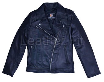 Handmade Black Leather Biker Jacket | Women's Slim Fit Moto Coat