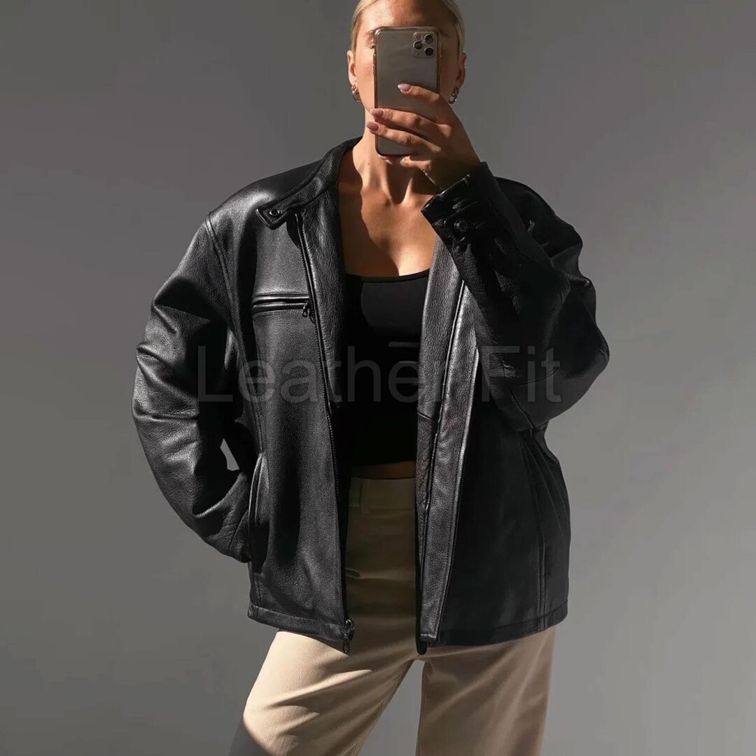 Black Lambskin Leather Bomber Jacket: Collarless Zip-up, Relaxed