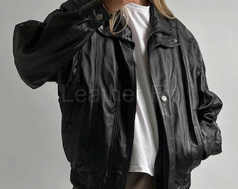 Oversized zwart leren bomberjack: koeienhuid vintage streetwear